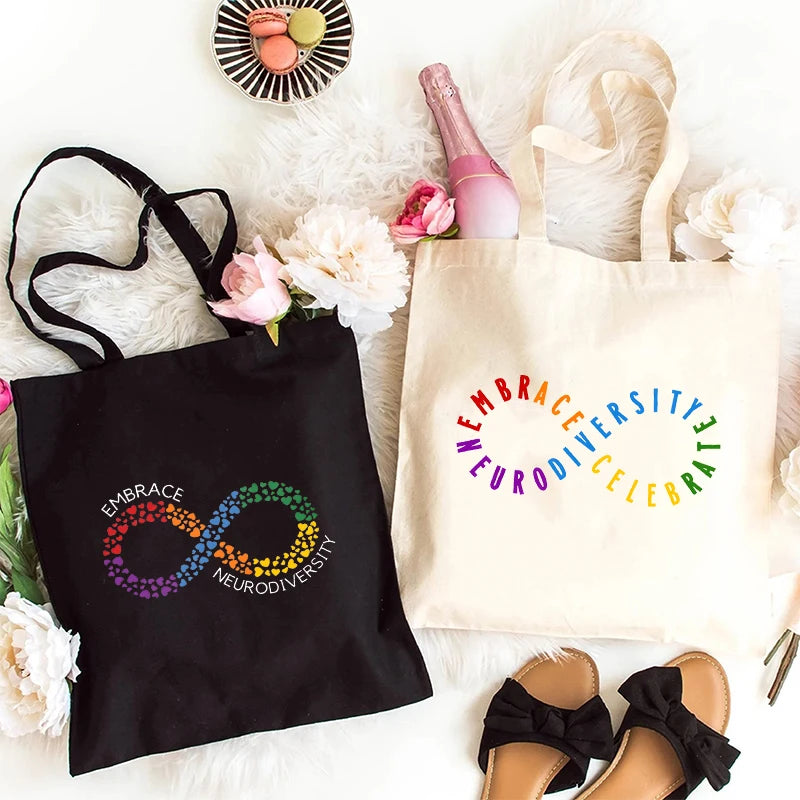 Woman Canvas Tote Bags Autism Neurodiversity Supermarket Shopping Bag Autism Acceptance Infinity Hearts Symbol Embrace Handbag