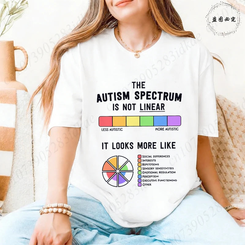 Autism Awareness Women T-Shirt The Autism Spectrum Is Not Linear Graphic Tees Neurodiversity Advocate Casual Short Sleeve Tops
