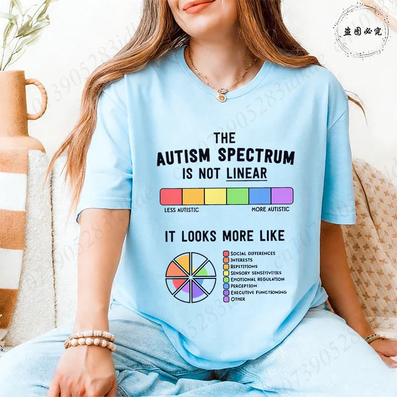 Autism Awareness Women T-Shirt The Autism Spectrum Is Not Linear Graphic Tees Neurodiversity Advocate Casual Short Sleeve Tops