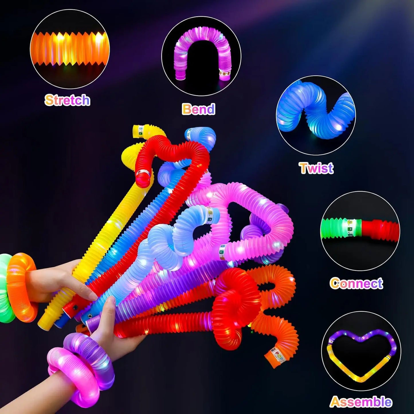 2/6/12 pcs LED Flash Pop Tubes Sensory Toy Adult Stress Relieve Toys Kid Autism Anti Stress Plastic Bellows Children Squeeze Toy