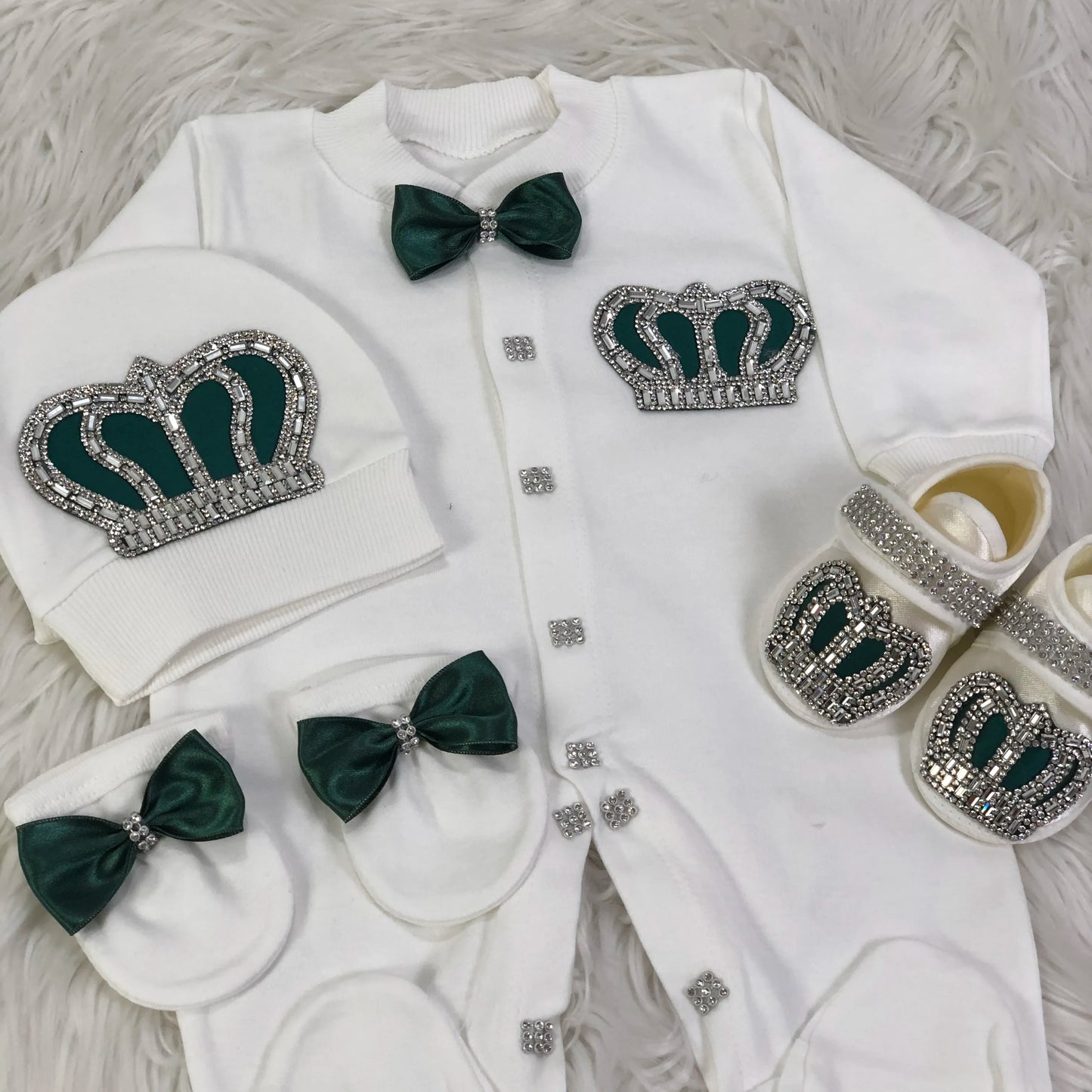 Dollbling Emerald Gold Crystal Luxury Baby Bling Romper Set My 1st Christmas Photography 4pcs Romper Hat Mittens Shoes Set