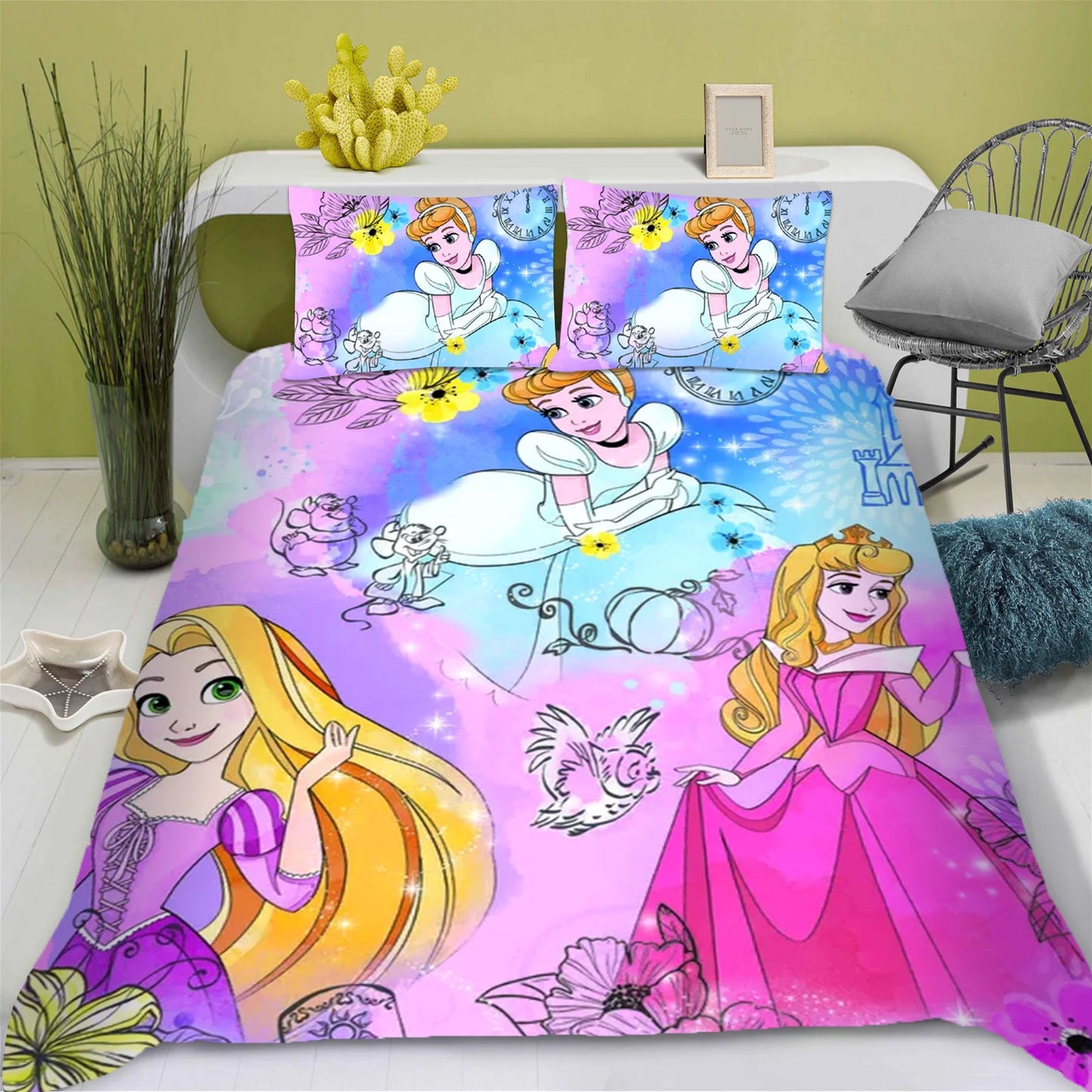 Disney Princess Series 100% Polyester Bedding Set Duvet Cover For Home 3-Piece Set 1 Quilt Cover Anime Cute Printed Cartoon