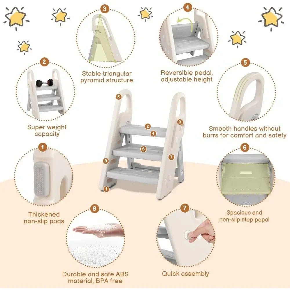 Onasti Foldable Step Stool for Bathroom Sink, Adjustable 3 Step Stool for Kids Toilet Potty Training Stool with Handles