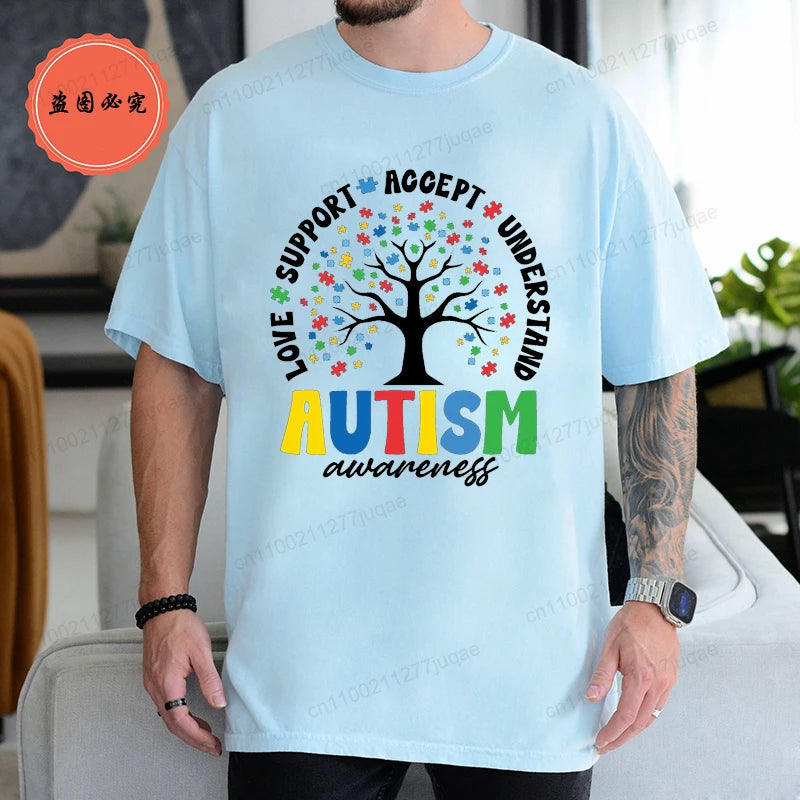 Man T Shirt Fashion Brand Clothing Loose T Shirts Autism Awareness Design T-Shirt for Women Men Short Sleeve Unisex Shirt Tops