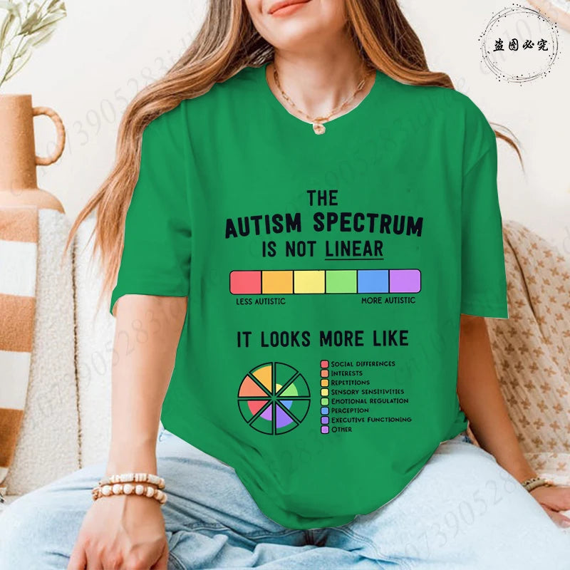 Autism Awareness Women T-Shirt The Autism Spectrum Is Not Linear Graphic Tees Neurodiversity Advocate Casual Short Sleeve Tops