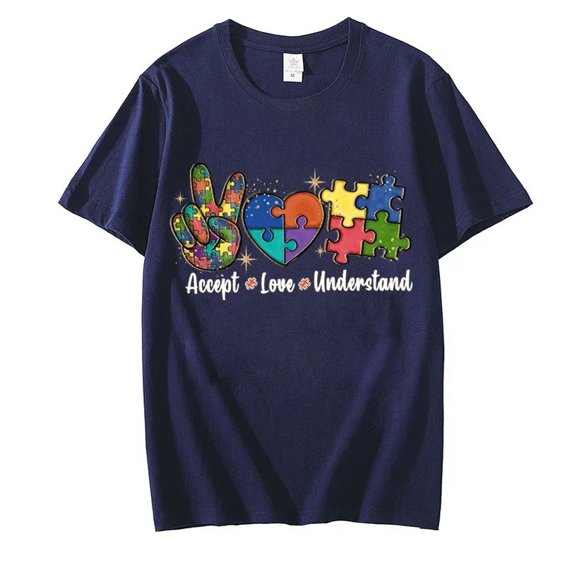 Accept Love and Understand T-shirt Autism Awareness T Shirts Color Puzzle Block Kids Women's Tees Harajuku Streetwear Y2k Tops