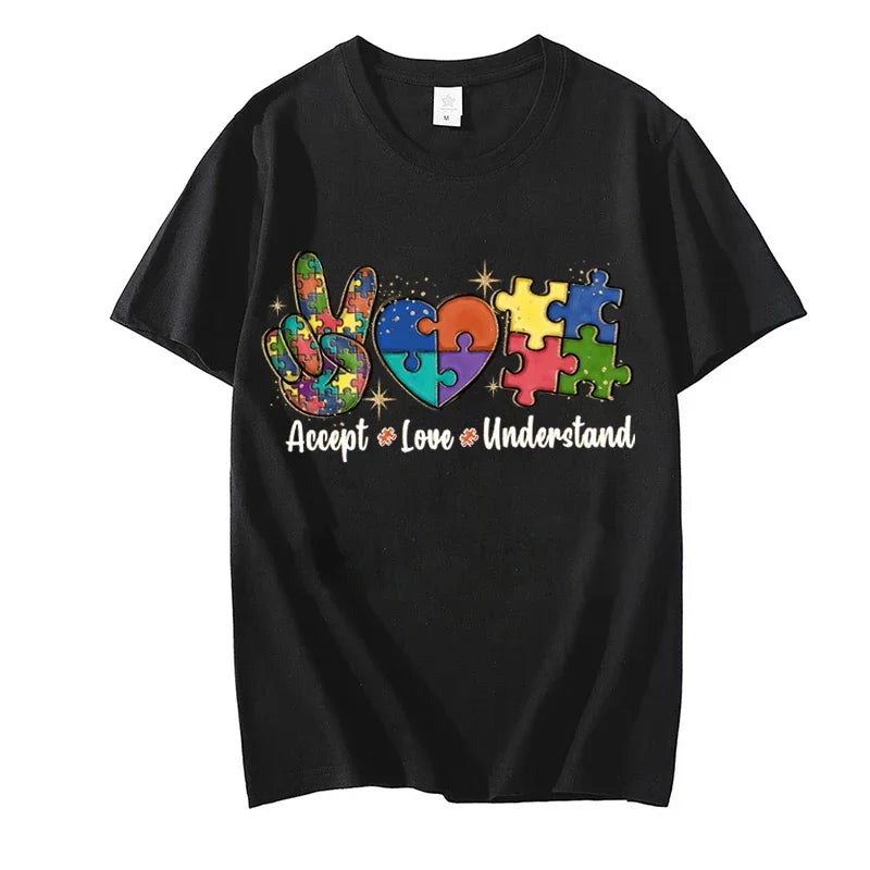 Accept Love and Understand T-shirt Autism Awareness T Shirts Color Puzzle Block Kids Women's Tees Harajuku Streetwear Y2k Tops