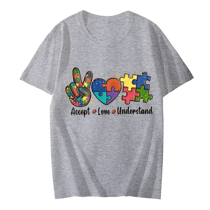 Accept Love and Understand T-shirt Autism Awareness T Shirts Color Puzzle Block Kids Women's Tees Harajuku Streetwear Y2k Tops