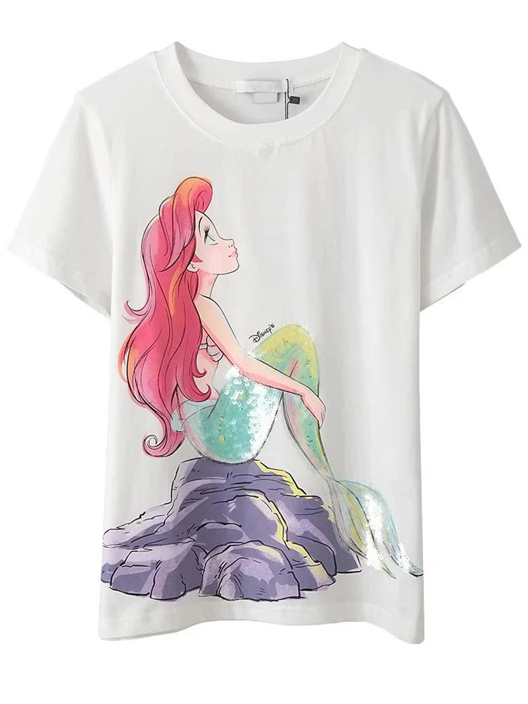 Disney Chic Women Mickey Mouse Donald Duck The Lion King SIMBA Letter Cartoon Print T-Shirt O-Neck Pullover Short Sleeve Tee Top