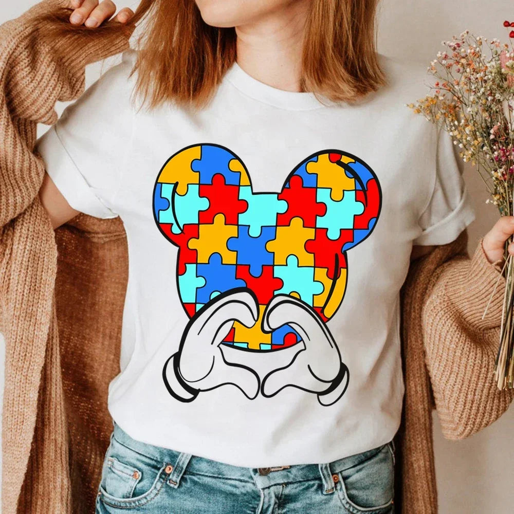 Hand Heart Gesture Print Women Tshirts Autism Awareness Tops Casual Funny T Shirt Clothes for Lady Yong Girl Top Tee Hipster